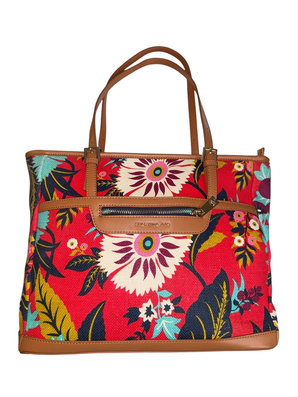 Spartina Red Floral Tote Bag with Brown Trim - NWOT